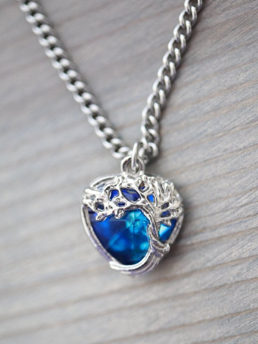 Heart Blue Rhinestone Tree Style Pendant Necklace Silver Stainless Steel